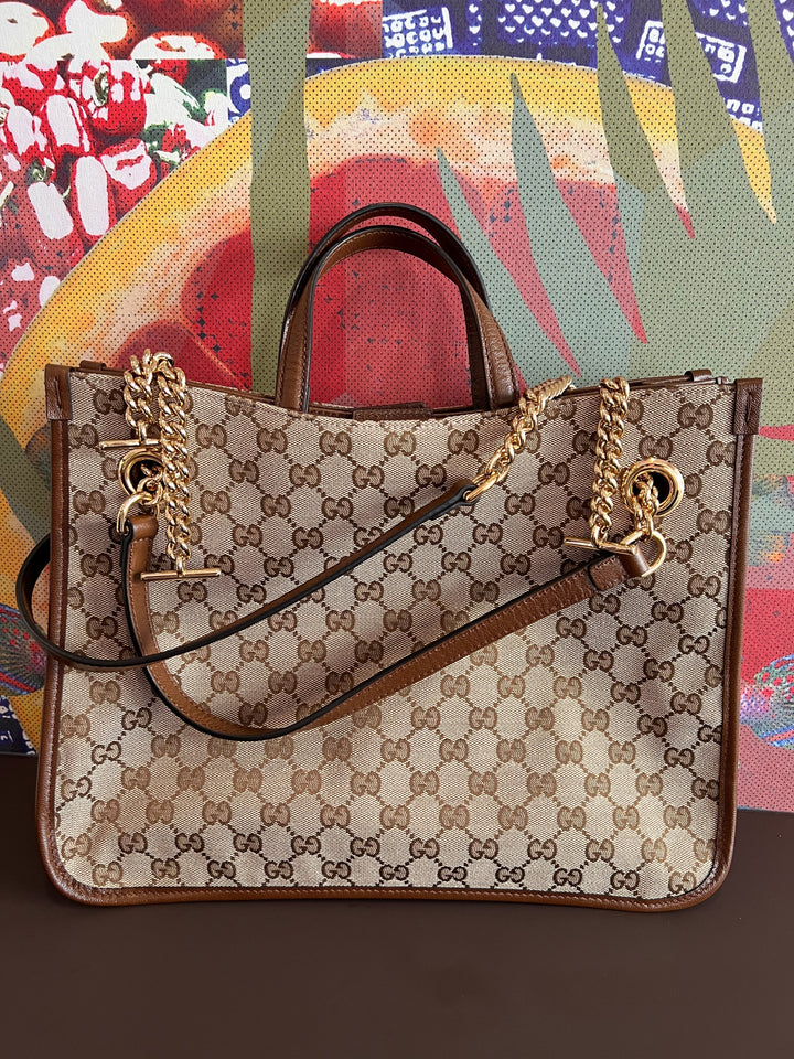 Gucci 1956 horsebit chain tote in monogram canvas and brown leather