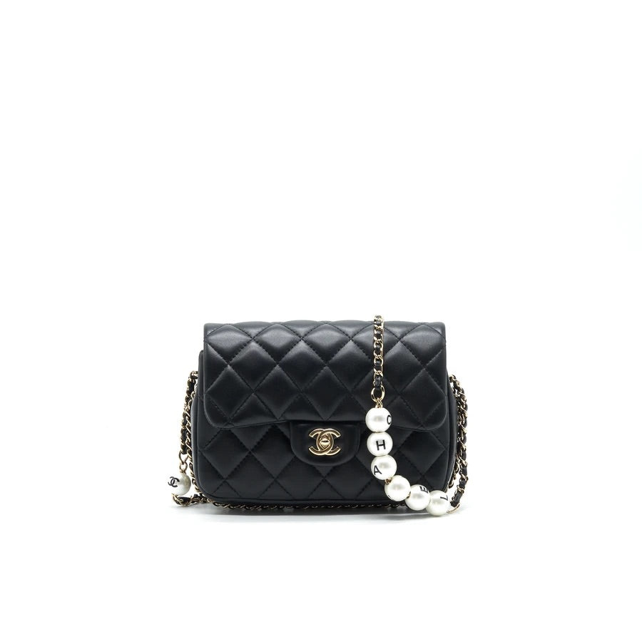 Chanel Pearl Chain Flap Bag Quilted Grained Lambskin Black L