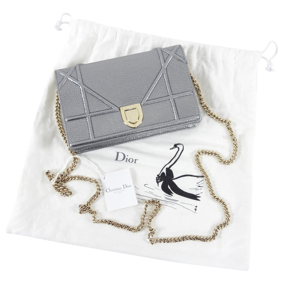 Diorama Metallic Grey Silver Calf Crossbody Wallet on Chain Bag
