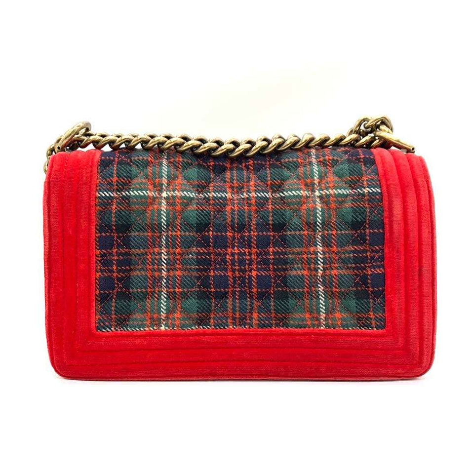 Chanel Boy Chain Shoulder Bag Red Green Check
