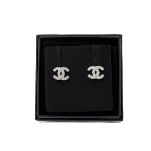 Chanel Classic Mini CC Logo Earrings Silver Tone