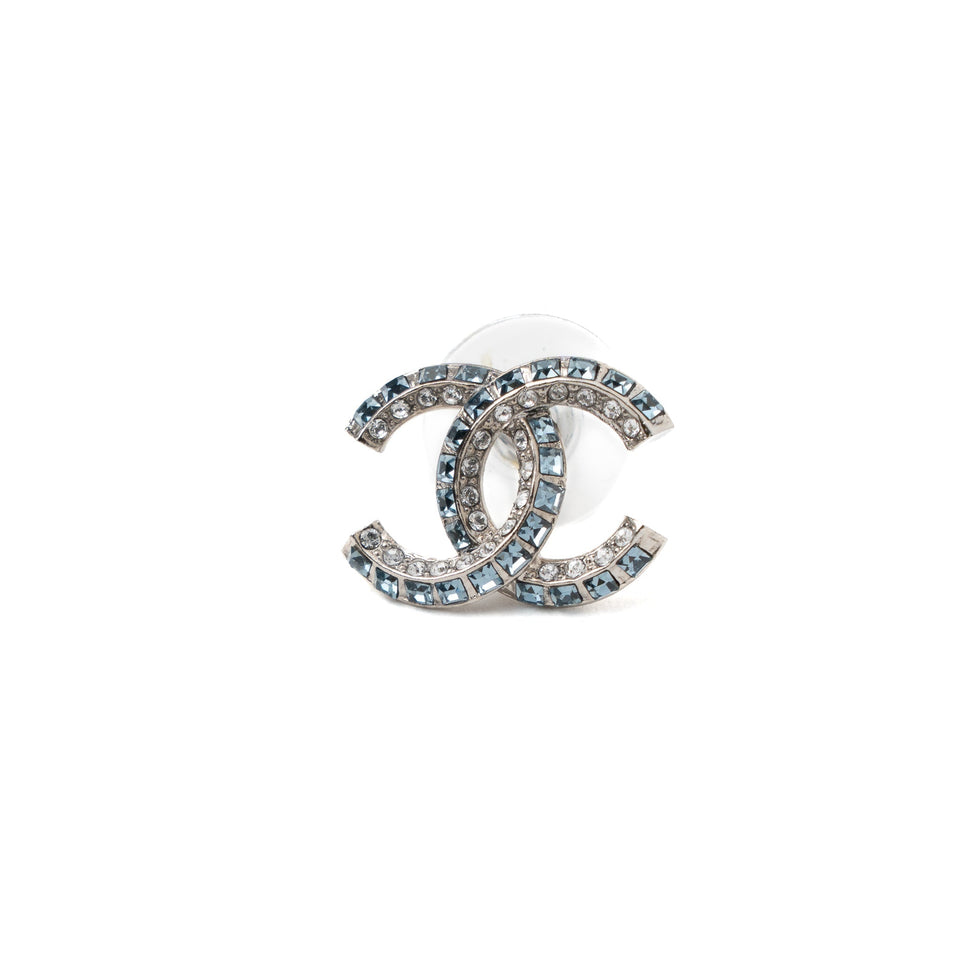 Chanel CC Logo Crystal Earring Sliver Tone