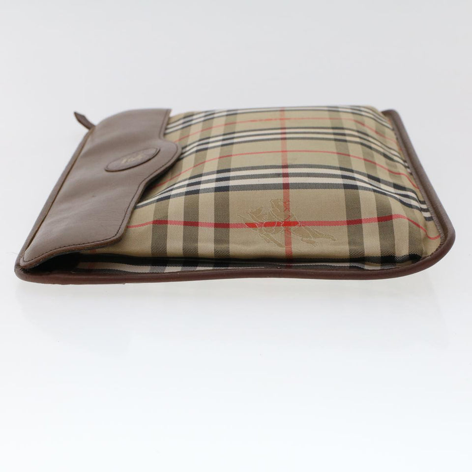Luxury BurberrySs Nova Check Clutch Bag Nylon Leather Beige Auth ki3144