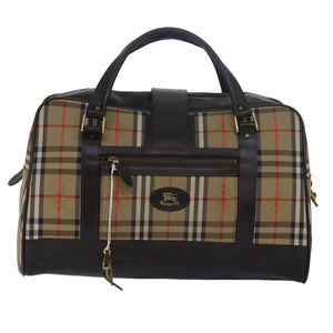 Luxury BurberrySs Nova Check Boston Bag Canvas Brown Beige Auth ki4621