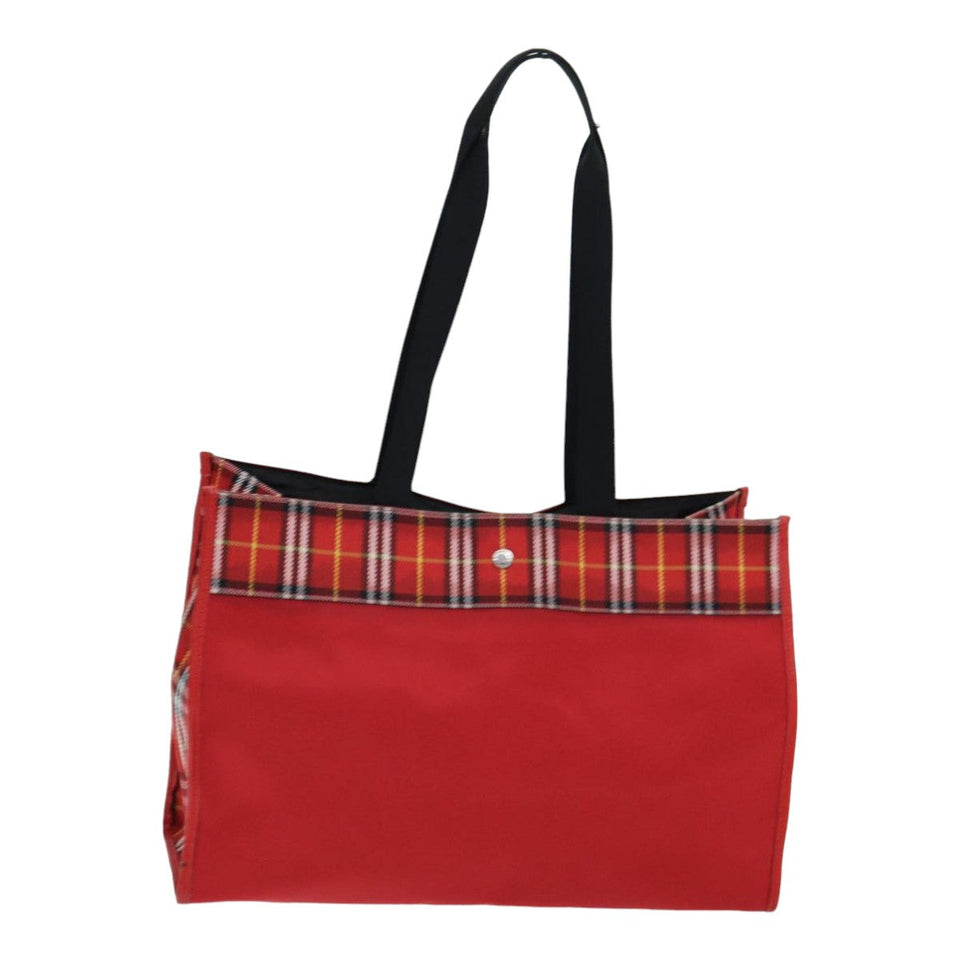 Luxury Burberry Nova Check Tote Bag Nylon Red Silver Auth ki4714