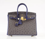 Hermes Birkin 25 Bag HSS Ostrich Gris Agate/ Blue Sapphire Brushed Gold