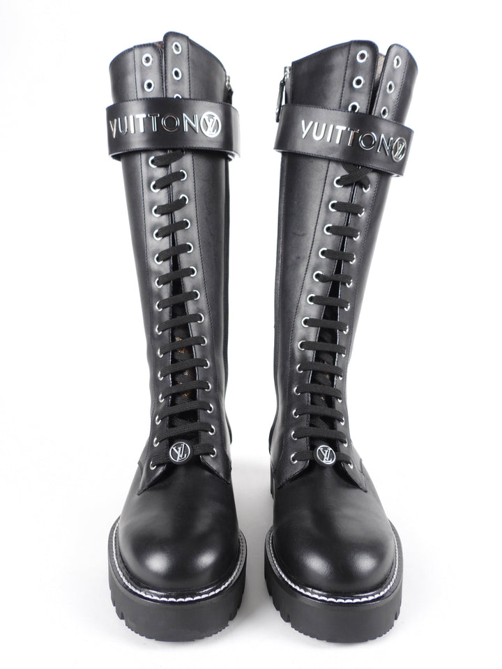 Louis Vuitton Black Leather and Monogram Territory Tall Lace Up Ranger Boot - 37 