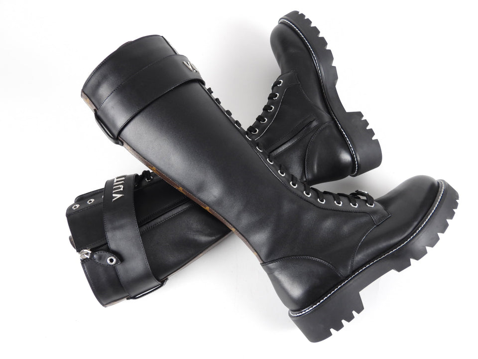 Louis Vuitton Black Leather and Monogram Territory Tall Lace Up Ranger Boot - 37 