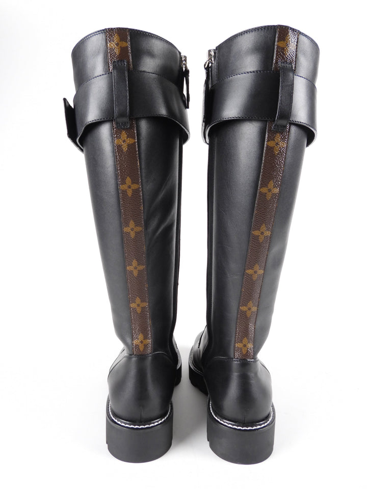 Louis Vuitton Black Leather and Monogram Territory Tall Lace Up Ranger Boot - 37 