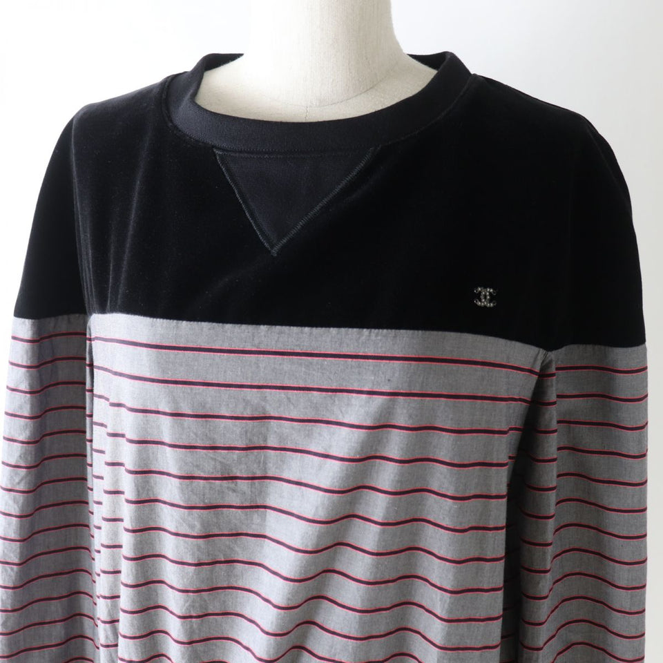 Chanel Velvet Sweatshirt Border Pattern Black Gray Pink 36