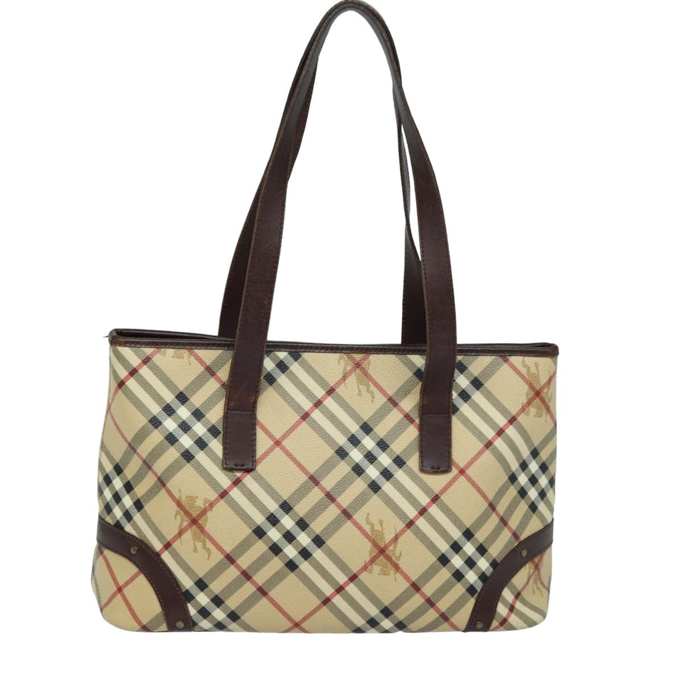 Luxury Burberry Nova Check Tote Bag PVC Leather Beige Auth mr261