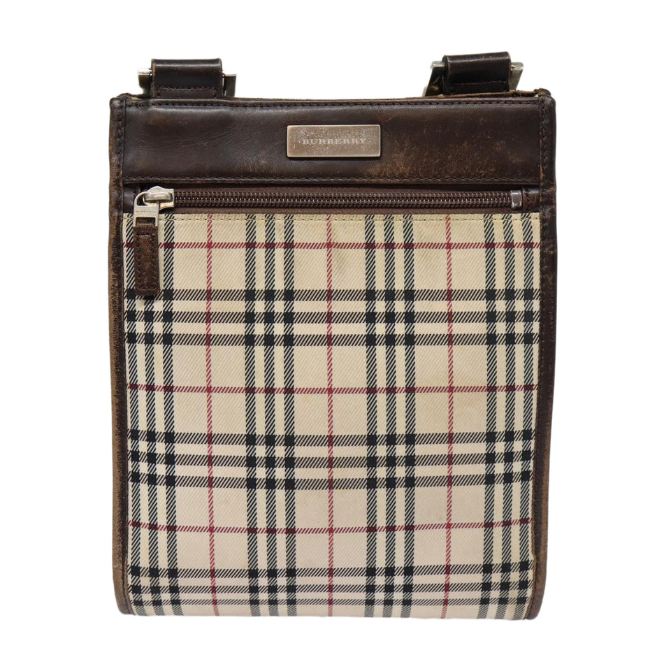 Luxury Burberry Nova Check Shoulder Bag Canvas Leather Beige Brown Silver Auth mr422
