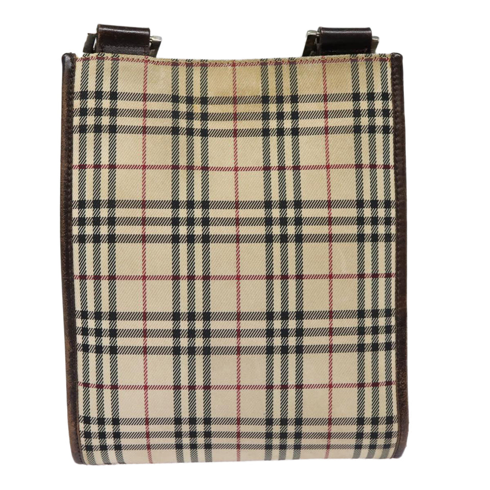 Luxury Burberry Nova Check Shoulder Bag Canvas Leather Beige Brown Silver Auth mr422