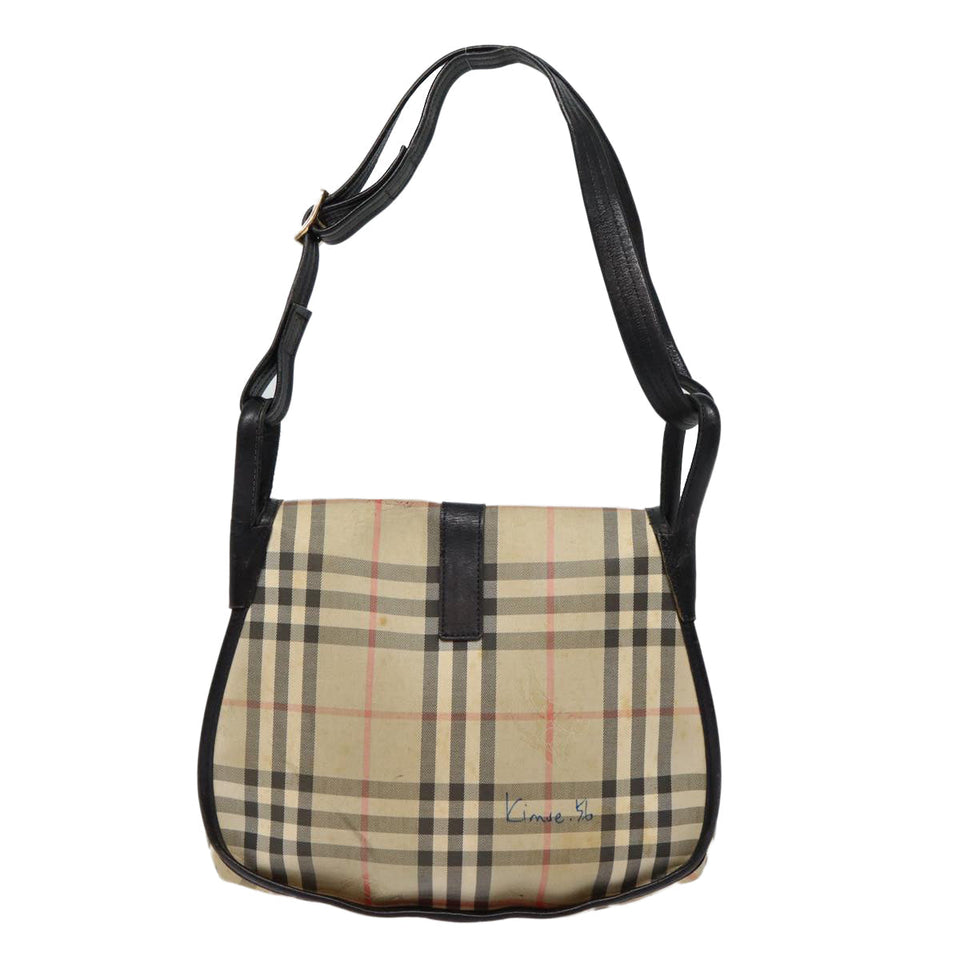 Luxury BurberrySs Nova Check Shoulder Bag Canvas Beige Black Silver Auth mr460