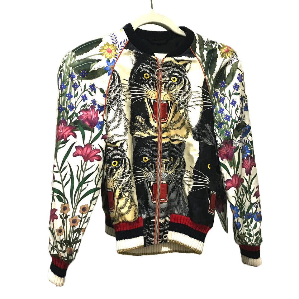 Gucci Blouson 476247 Silk, Sequins White x Multicolor tiger print bomber jacket jacket outerwear Women 36