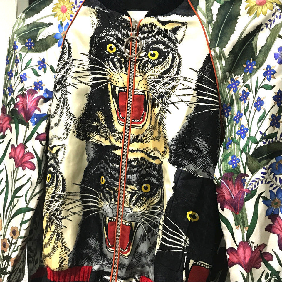 Gucci Blouson 476247 Silk, Sequins White x Multicolor tiger print bomber jacket jacket outerwear Women 36