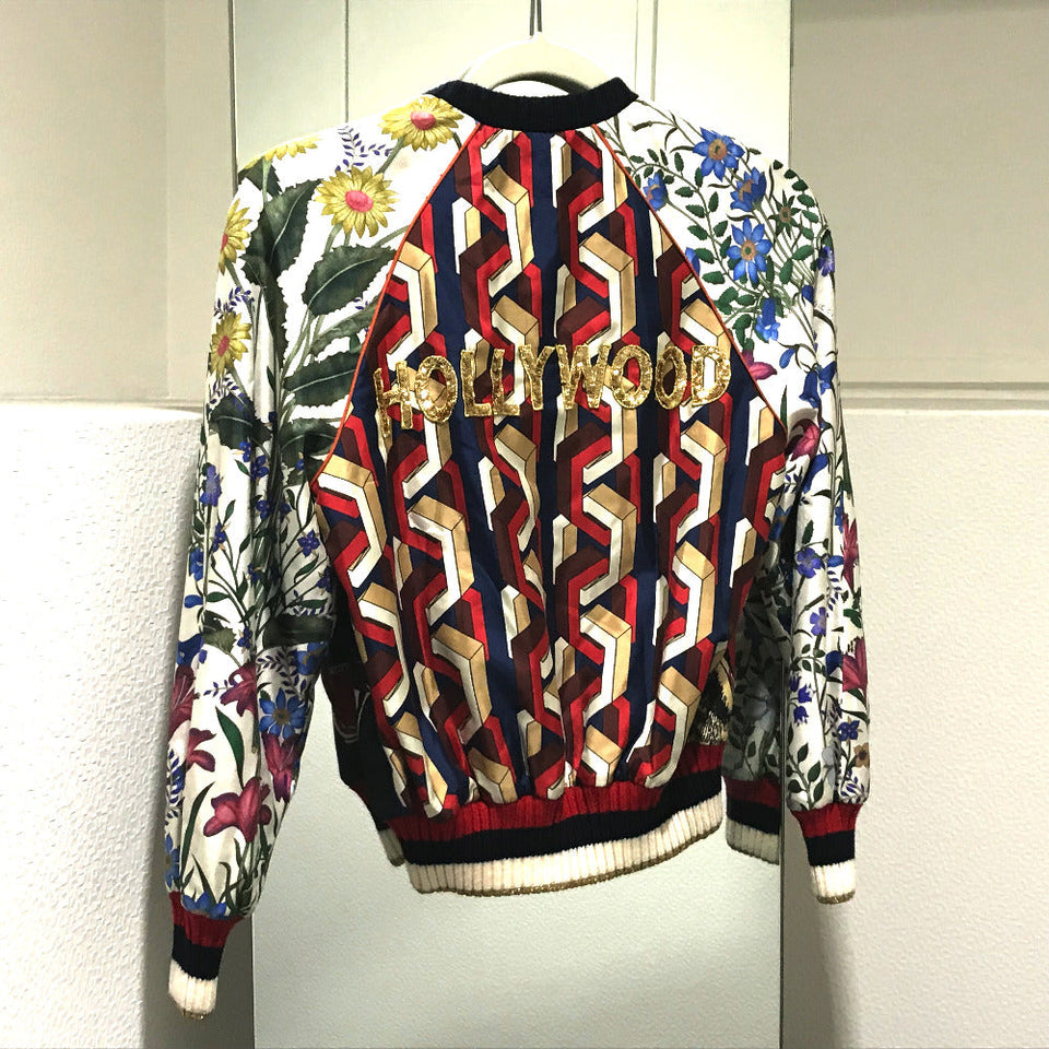Gucci Blouson 476247 Silk, Sequins White x Multicolor tiger print bomber jacket jacket outerwear Women 36