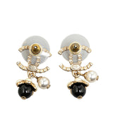 Chanel Gold Plated Coco Mark Rhinestone Flower Motif Earrings A21C