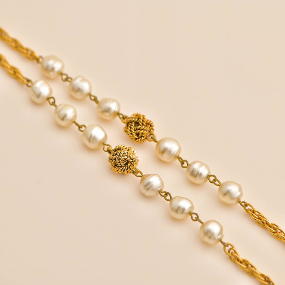 Chanel CC Faux Pearl Gold Tone Rope Bead Long Necklace