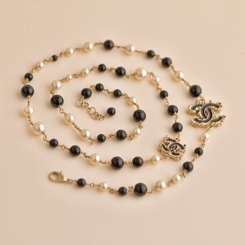 Chanel CC Enamel Faux Pearl & Black Beads Baroque Sautoir Necklace