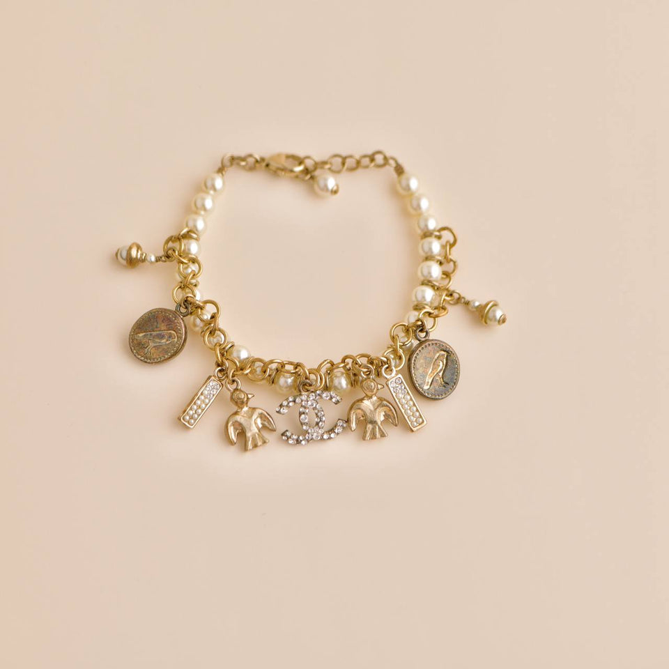 Chanel CC Crystal Faux Pearl Charm Bracelet