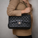 Chanel Jumbo Black Calfskin Caviar Double Flap Bag with GHW
