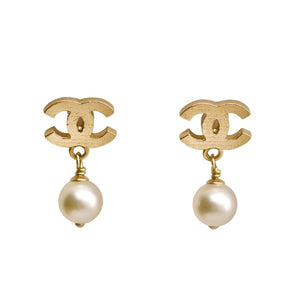 Chanel CC Faux Pearl Quilted Gold Tone Drop Earrings