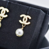 Chanel CC Faux Pearl Quilted Gold Tone Drop Earrings