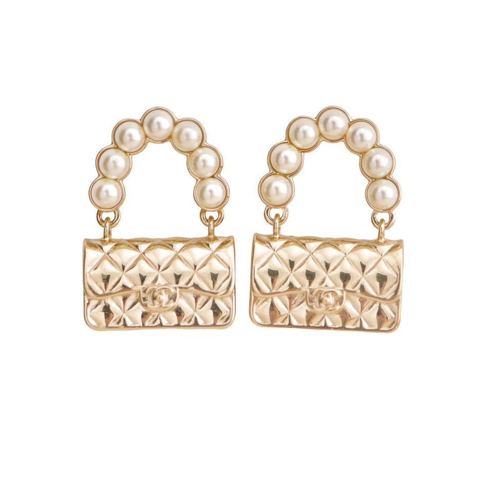 Chanel Faux Pearl Quilted Classic Flap Bag Gold Tone Earrings