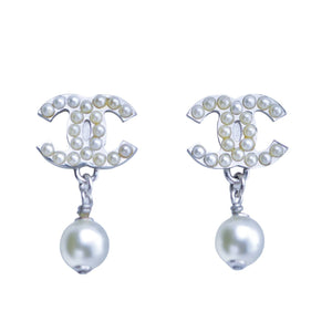 Chanel CC Logo Faux Pearl Drop Earrings