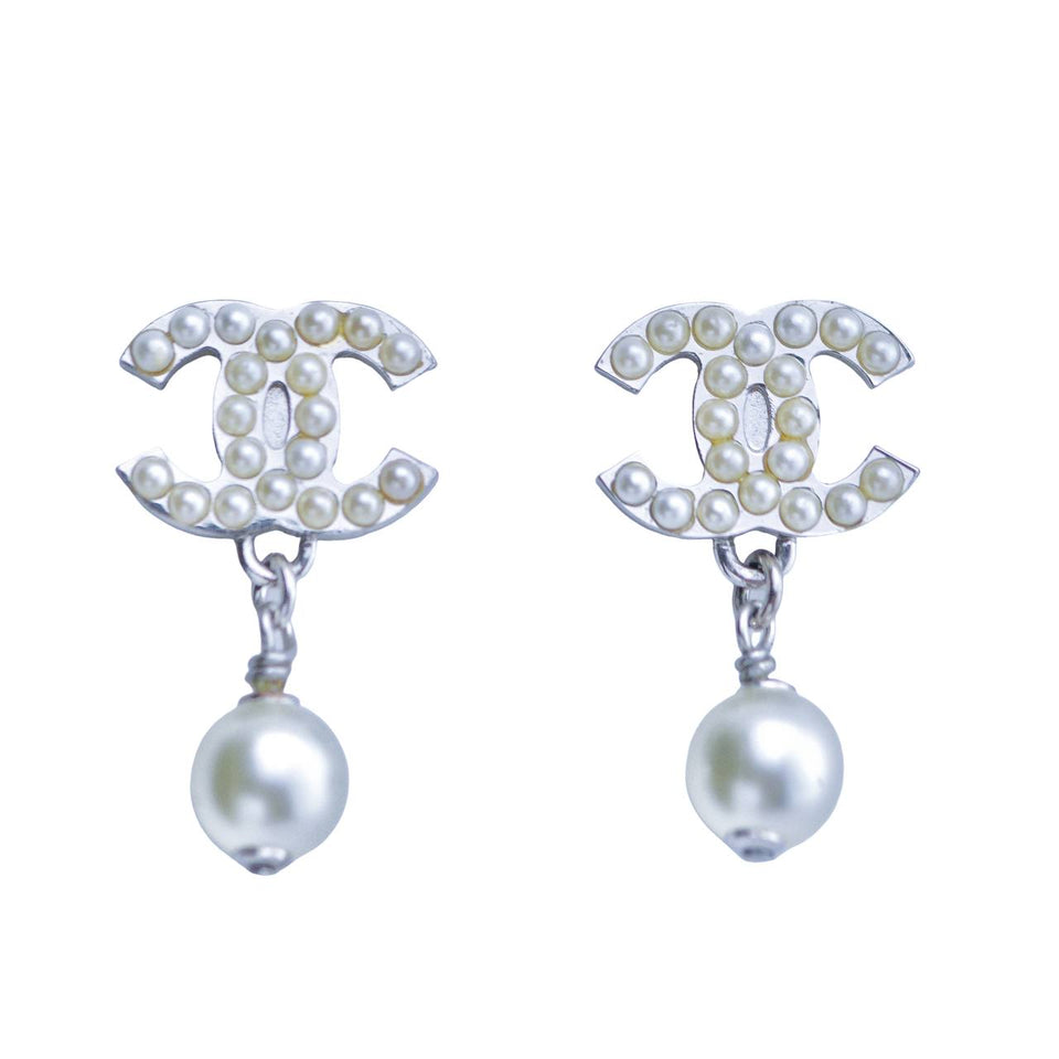 Chanel CC Logo Faux Pearl Drop Earrings