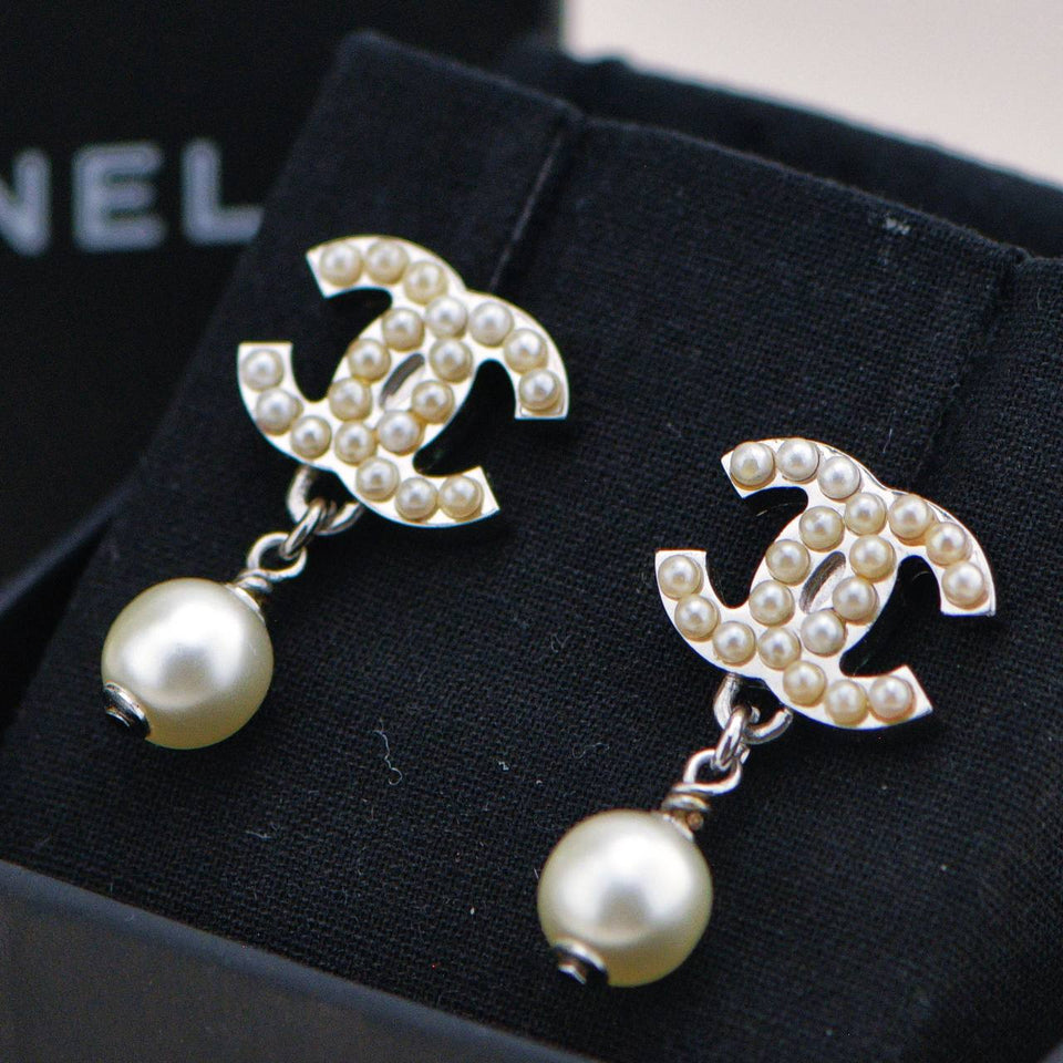 Chanel CC Logo Faux Pearl Drop Earrings