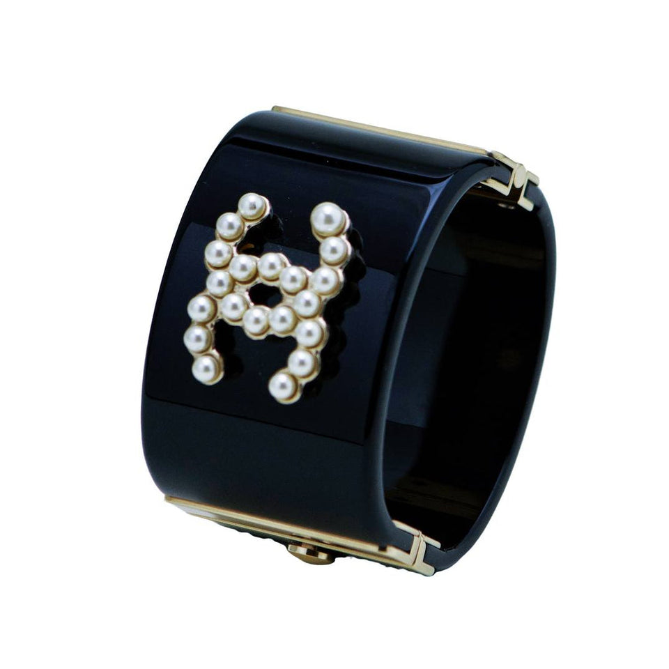 Chanel CC Resin Faux Pearl Black Cuff Bangle