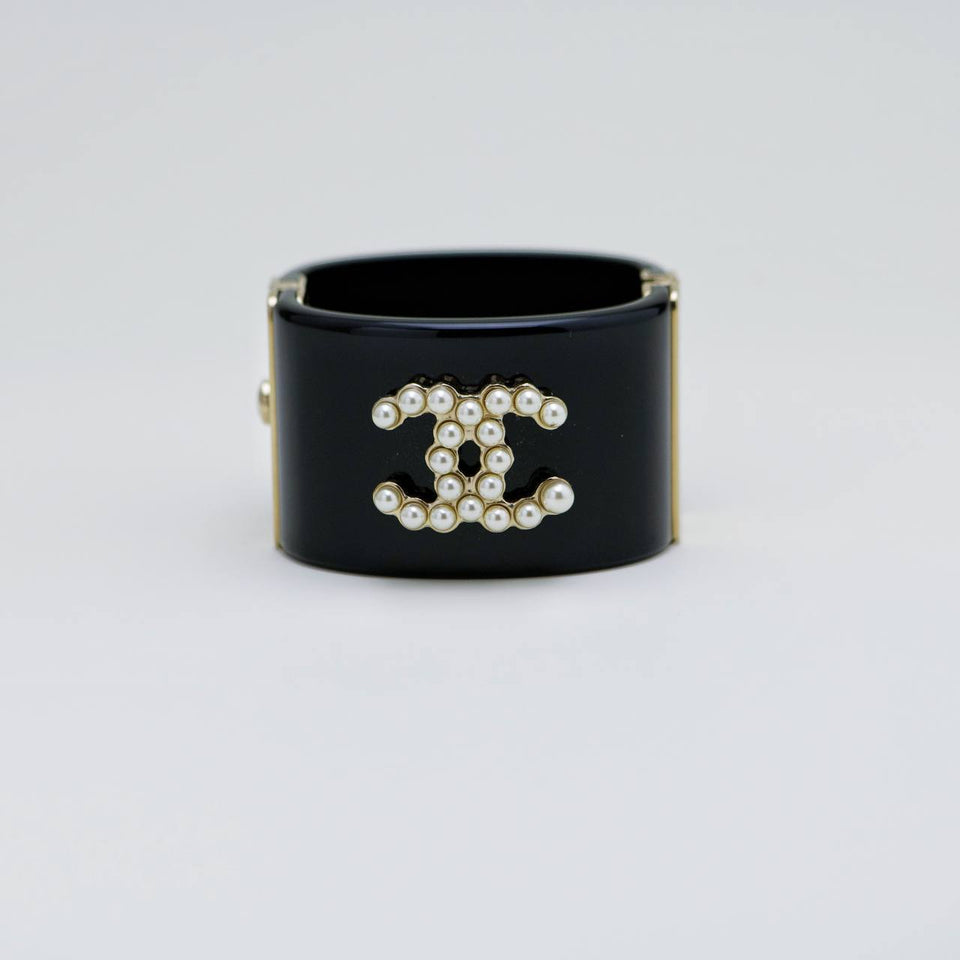 Chanel CC Resin Faux Pearl Black Cuff Bangle