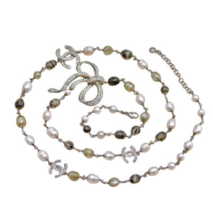 Chanel CC Faux Pearl Crystal Bow Bead Long Necklace