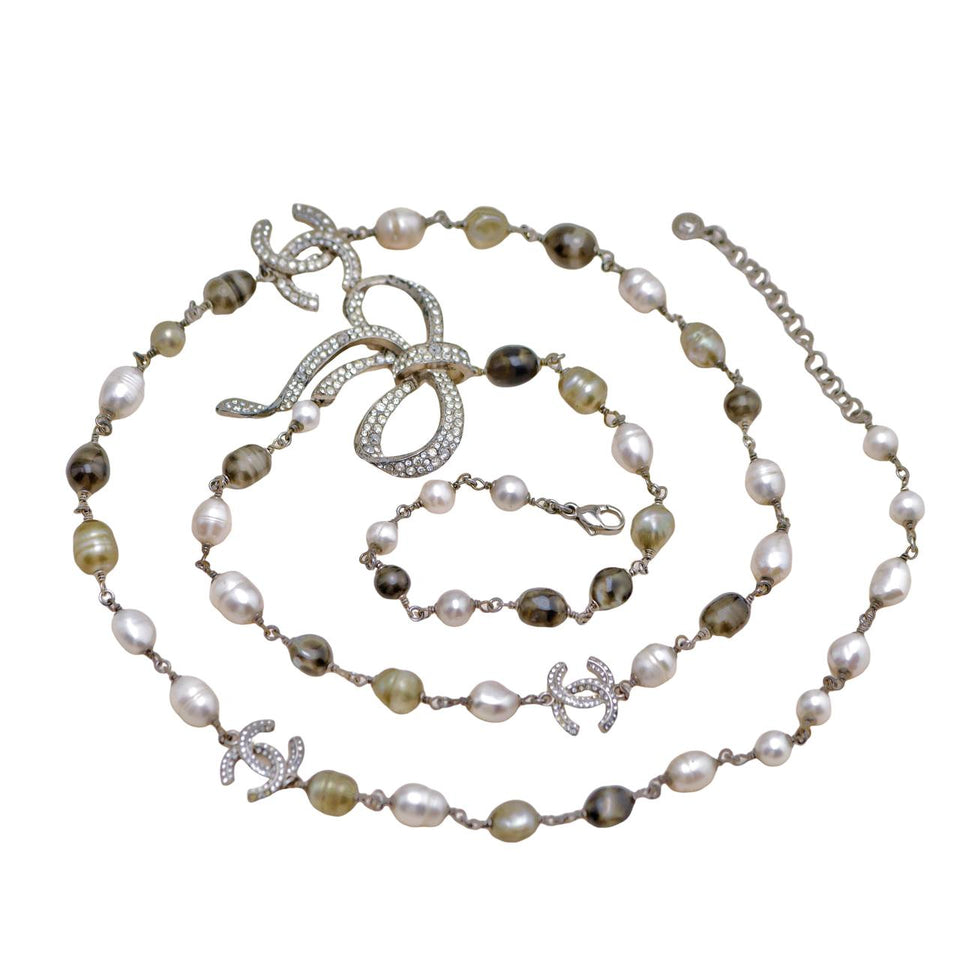 Chanel CC Faux Pearl Crystal Bow Bead Long Necklace