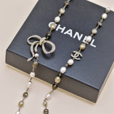 Chanel CC Faux Pearl Crystal Bow Bead Long Necklace