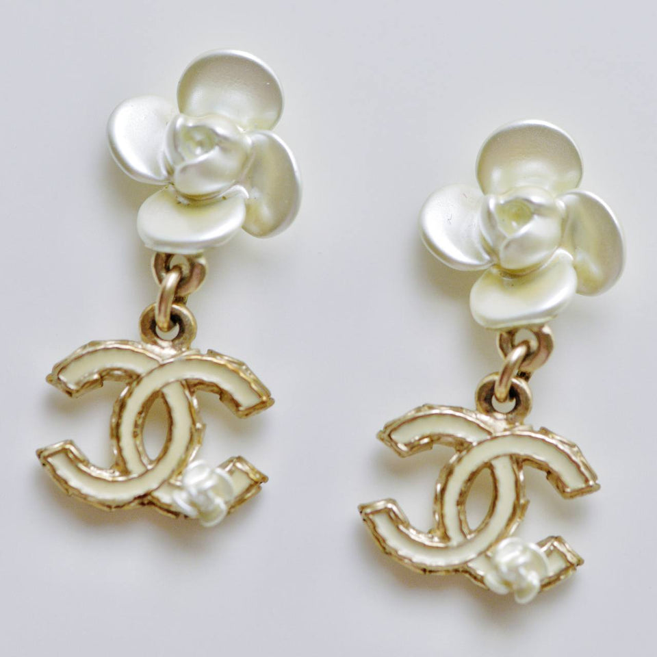 Chanel CC Camellia Enamel Dangle Earrings