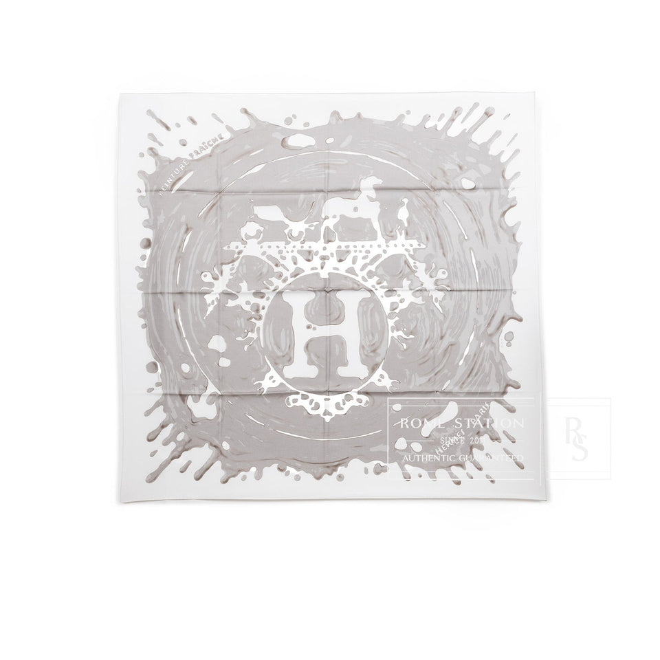 Hermes Carre Scarf 90 Peinture Fraiche Blanc/Sepia