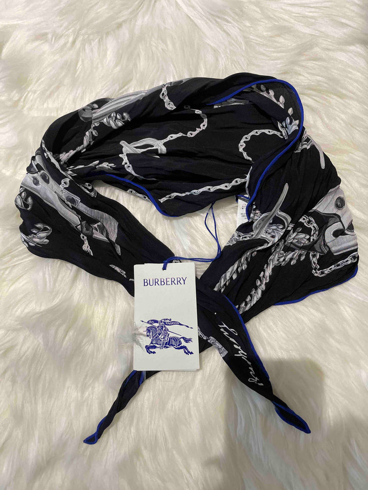 Luxury Burberry Silver Knight C Silk Scarf Black