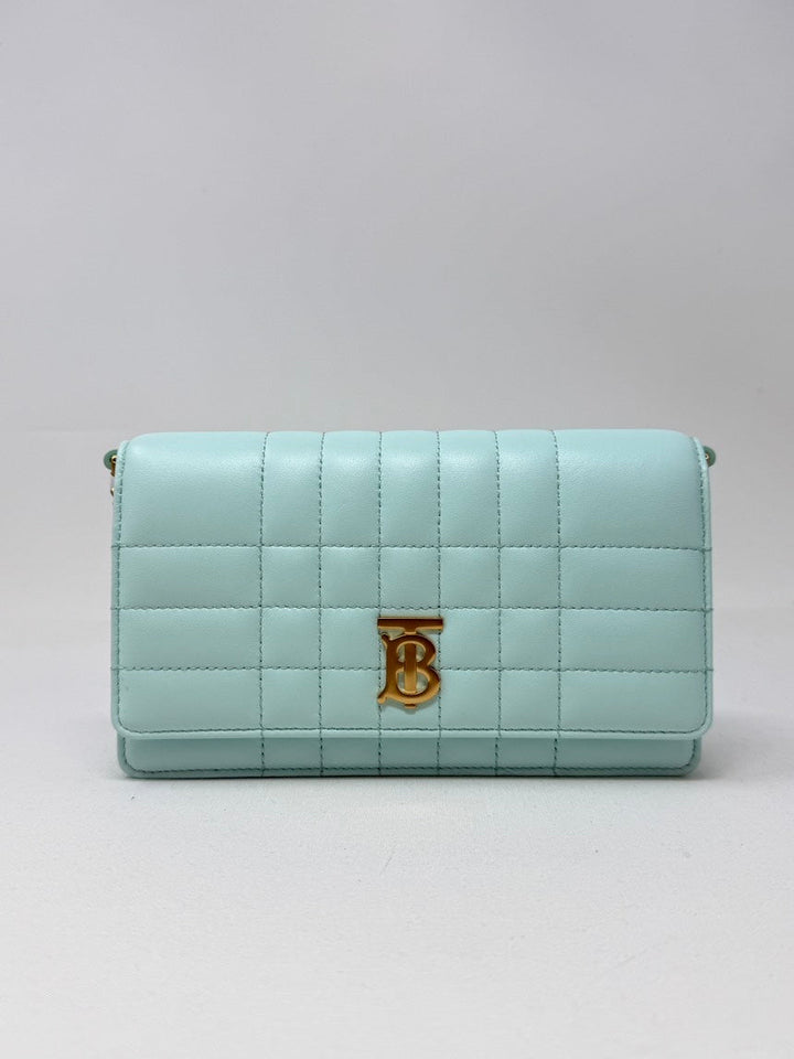 Luxury Burberry Lola Clutch with Chain Light Blue Leather