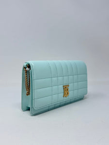 Luxury Burberry Lola Clutch with Chain Light Blue Leather