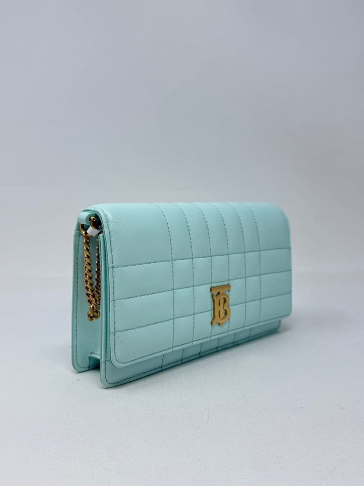 Luxury Burberry Lola Clutch with Chain Light Blue Leather