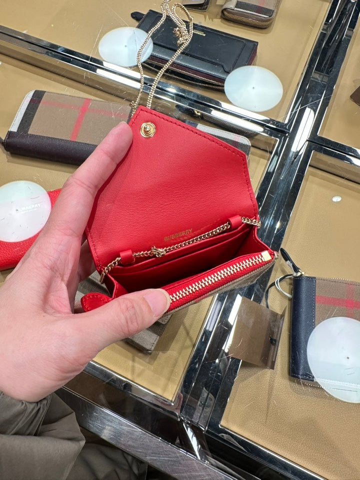 Luxury Burberry Jade Plaid Card Holder with Chain - Red and Brown Leather