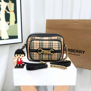Luxury Burberry 1983 Check Canvas Leather Camera Bag Beige
