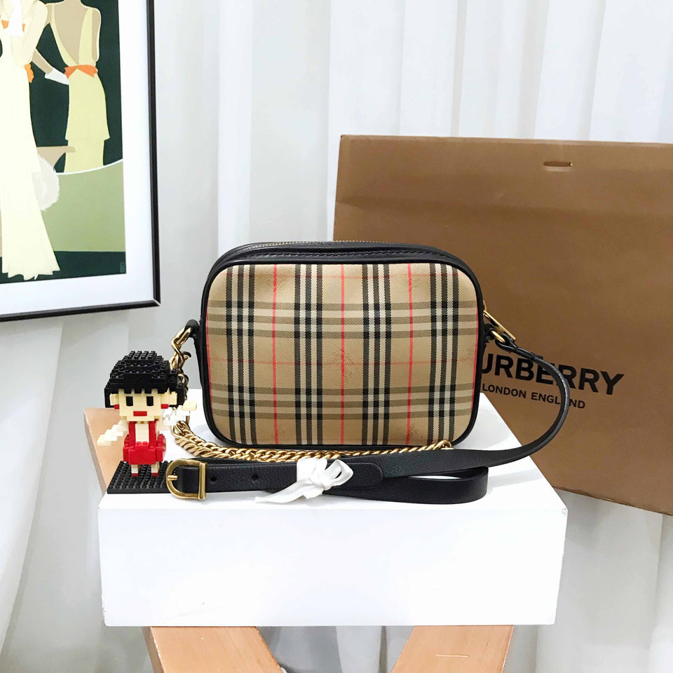 Luxury Burberry 1983 Check Canvas Leather Camera Bag Beige