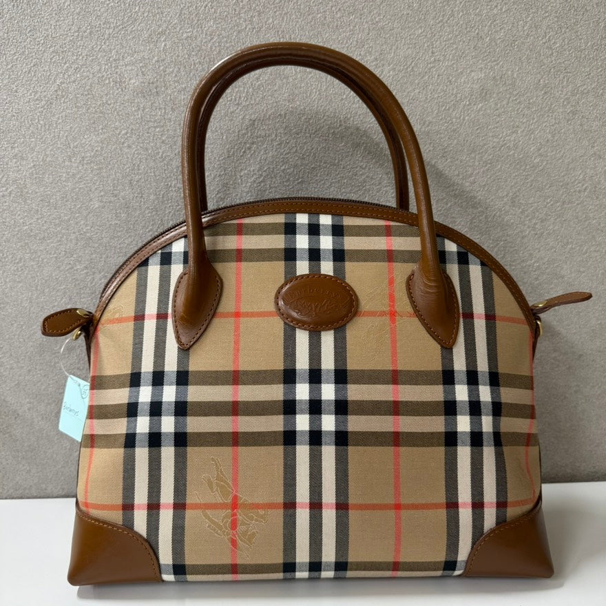 Luxury Burberry Canvas Leather Handbag O274302 in Classic Plaid Beige, Top Handle Bag