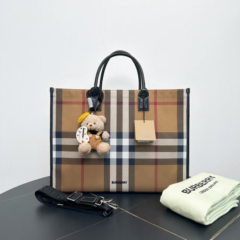 Luxury Burberry Large Two-Way Tote Bag in Classic Check Canvas