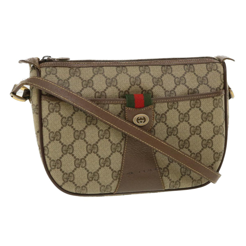 Gucci Web Sherry Line GG Canvas Shoulder Bag PVC Leather Beige Green rd3958