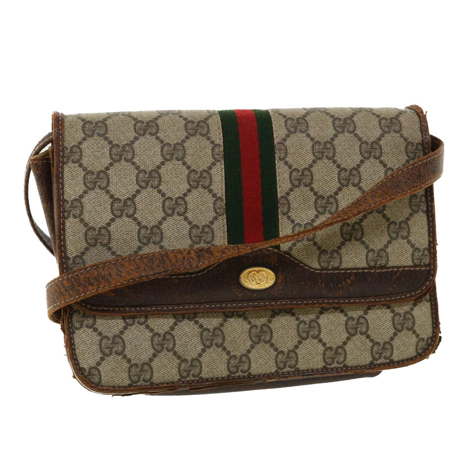 Gucci Web Sherry Line GG Canvas Shoulder Bag PVC Leather Beige Green rd3964